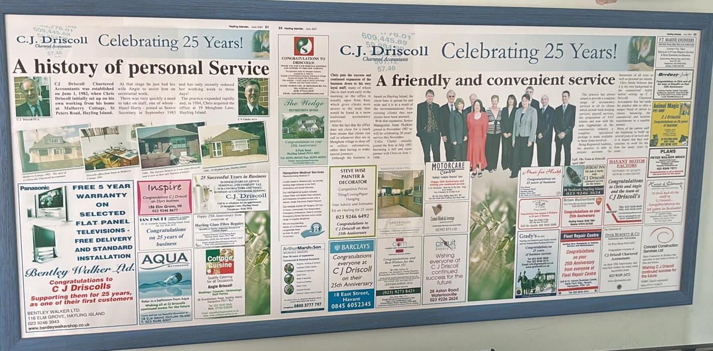 A framed double-page spread from the Hayling Islander, June 2007, headlined Celebrating 25 Years, with features titled A history of personal Service and A friendly and convenient service